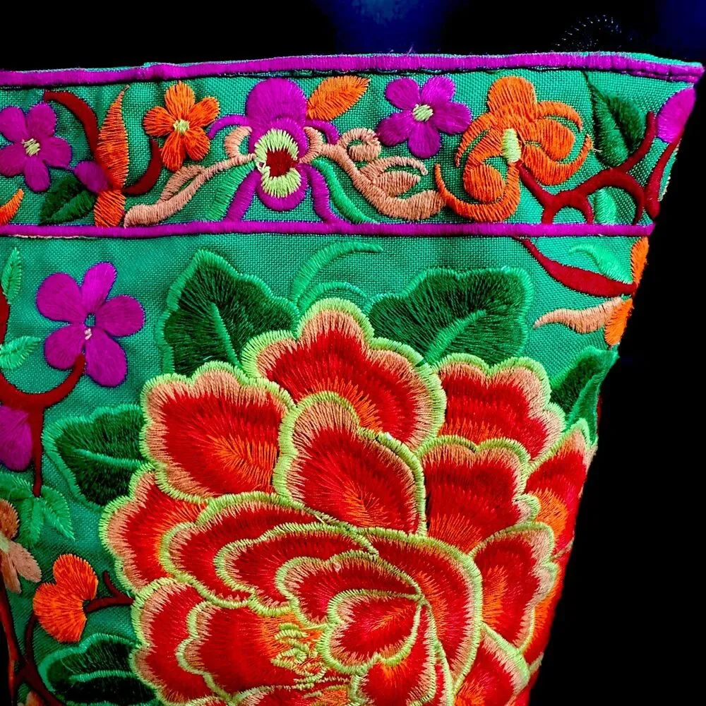 Thai Hmong Embroidered Cosmetic Bag Peony Floral Makeup Pouch 8” Boho Travel